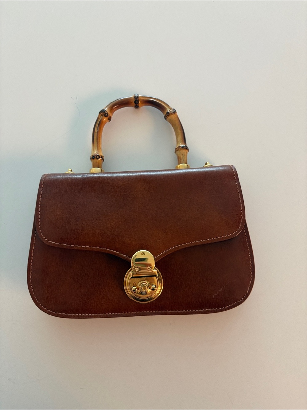 Elegant Brown Leather Shoulder Bag with Bamboo Handle
